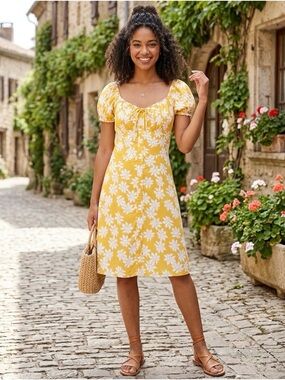 Trixxi Yellow and White Floral Puff-Sleeve Midi Dress